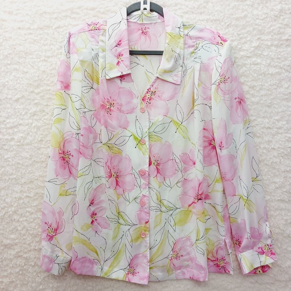 Blouse Button Up Floral Cherry Blossom Bloom Cottagecore Barbie Pink Soft Sz 2X